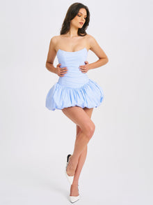 Oletta Cotton Poplin Corset Strapless Bubble Hem Mini Dress | Blue