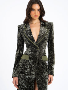 Willow Glossy Velvet High Slit Blazer Gown | Green