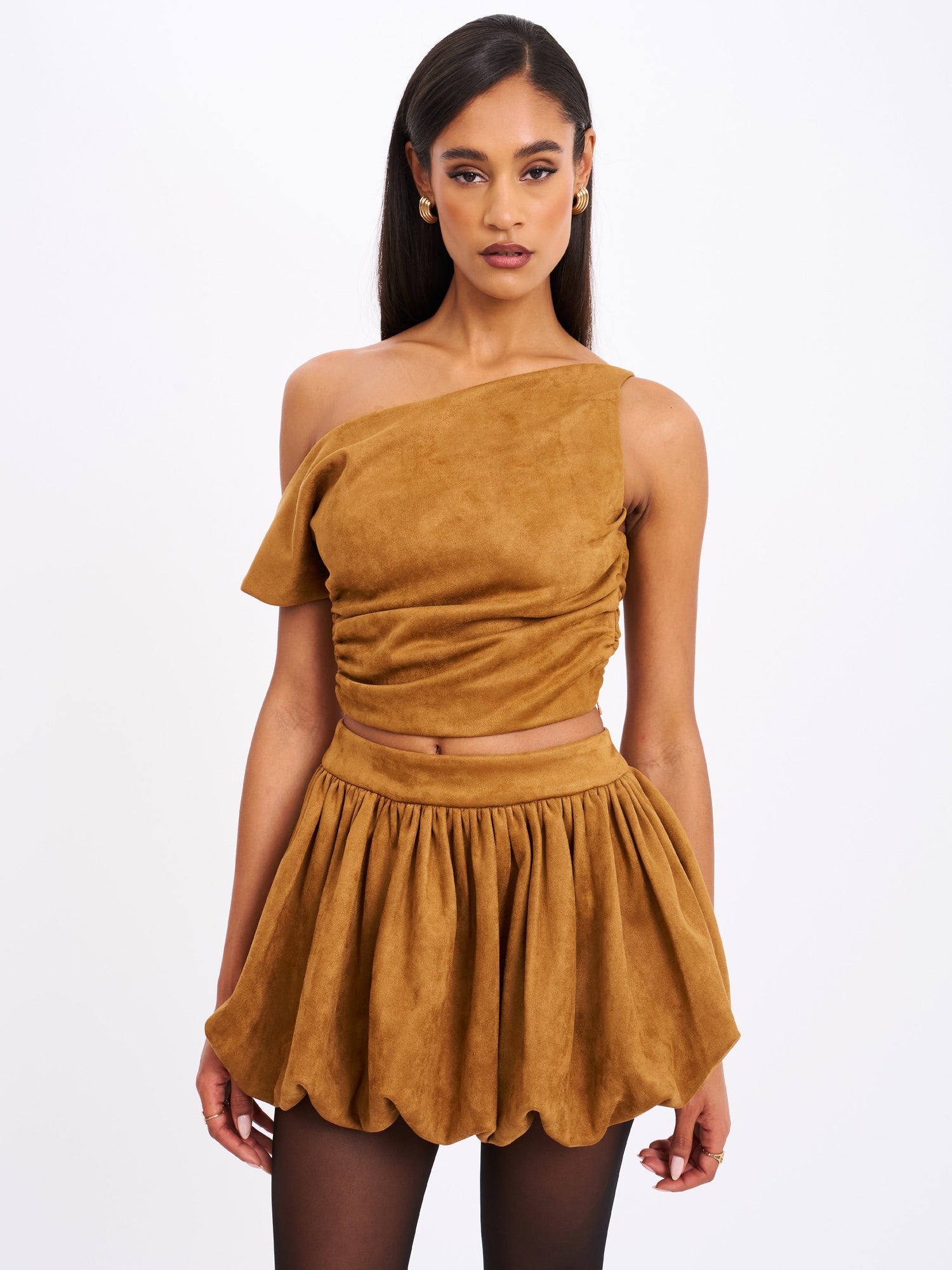 Yuna Bubble Hem Skirt | Brown Suede