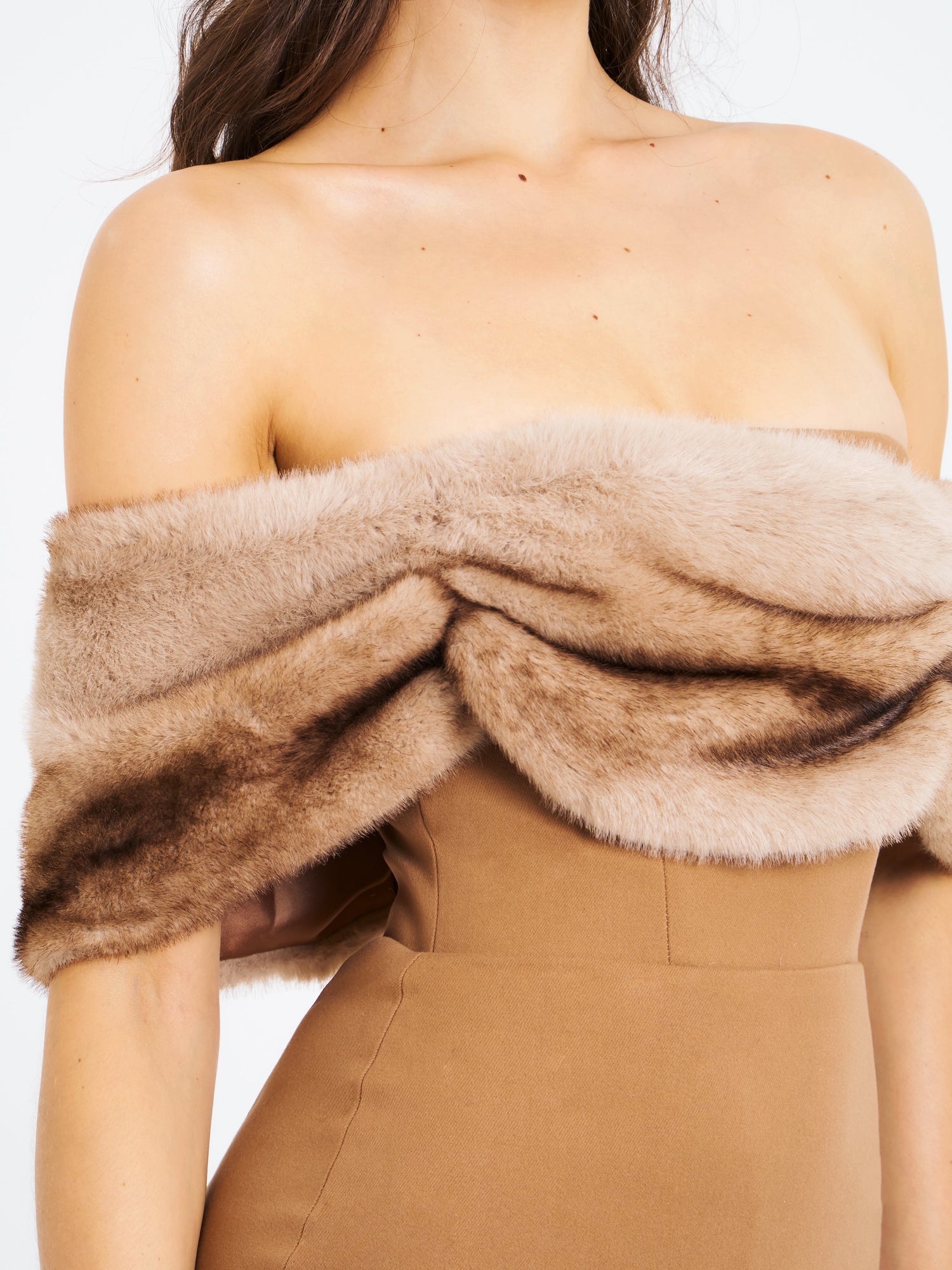 Nadira Off Shoulder Fur Trim Mini Dress | Beige