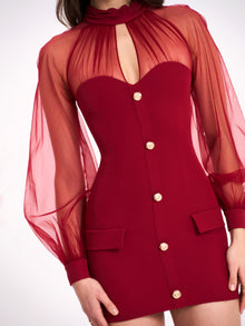 Tabitha Mesh Lantern Sleeve Mini Dress | Burgundy