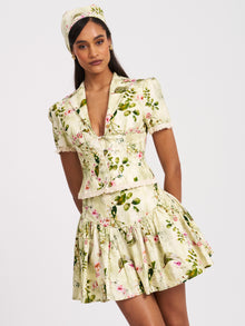 Zanelle Floral Print Drop Waist Linen Full Skirt | Green