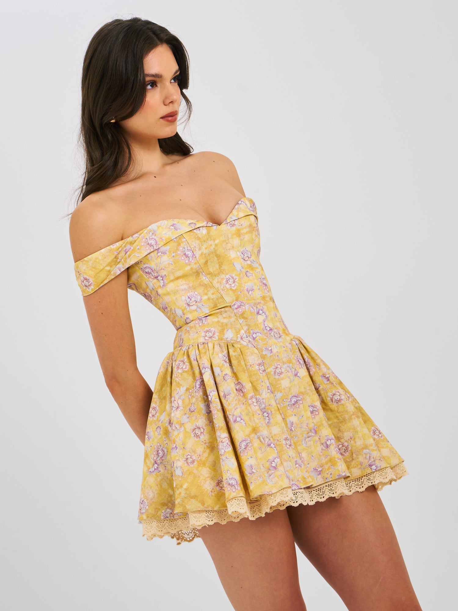 Oana Linen Collared Off Shoulder Mini Dress | Floral Print