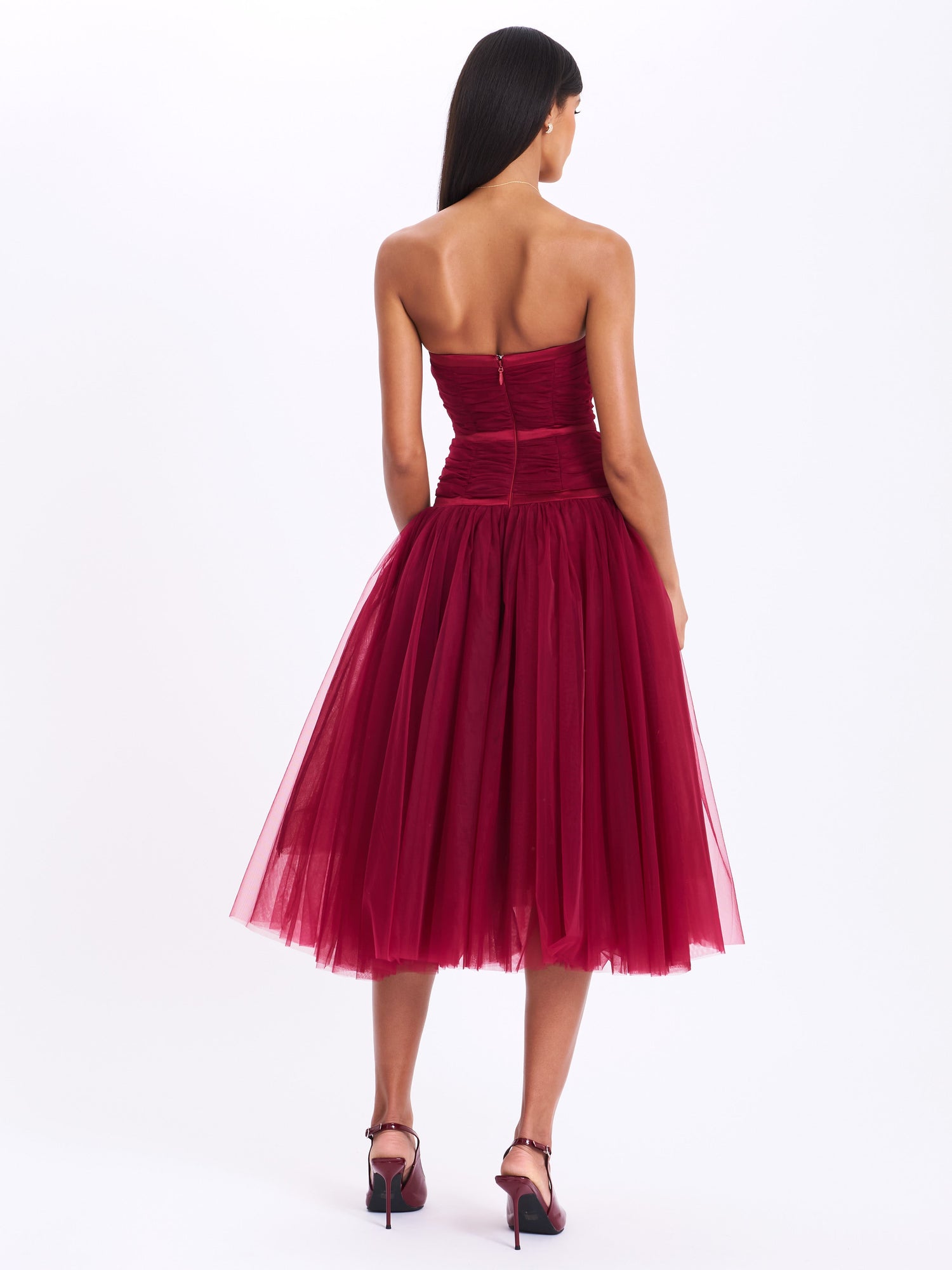 Mabel Drop Waist Layered Mesh Midi Puffy Dress with Bow | Burgundy