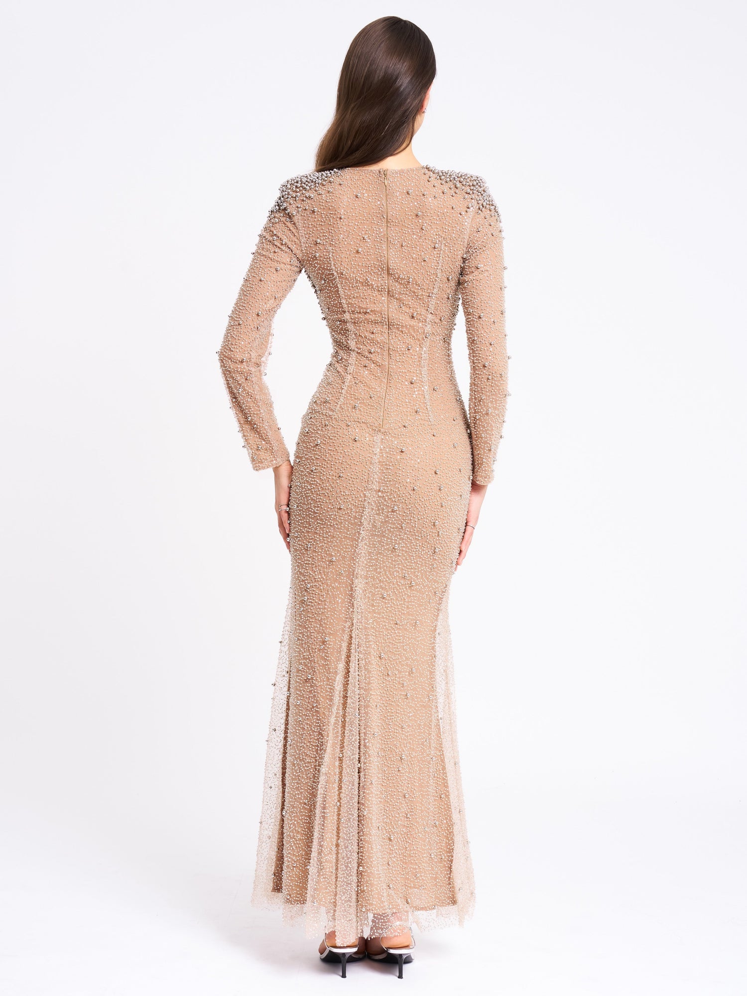 Rita Embroidered Mesh Beaded Mermaid Gown | Silver