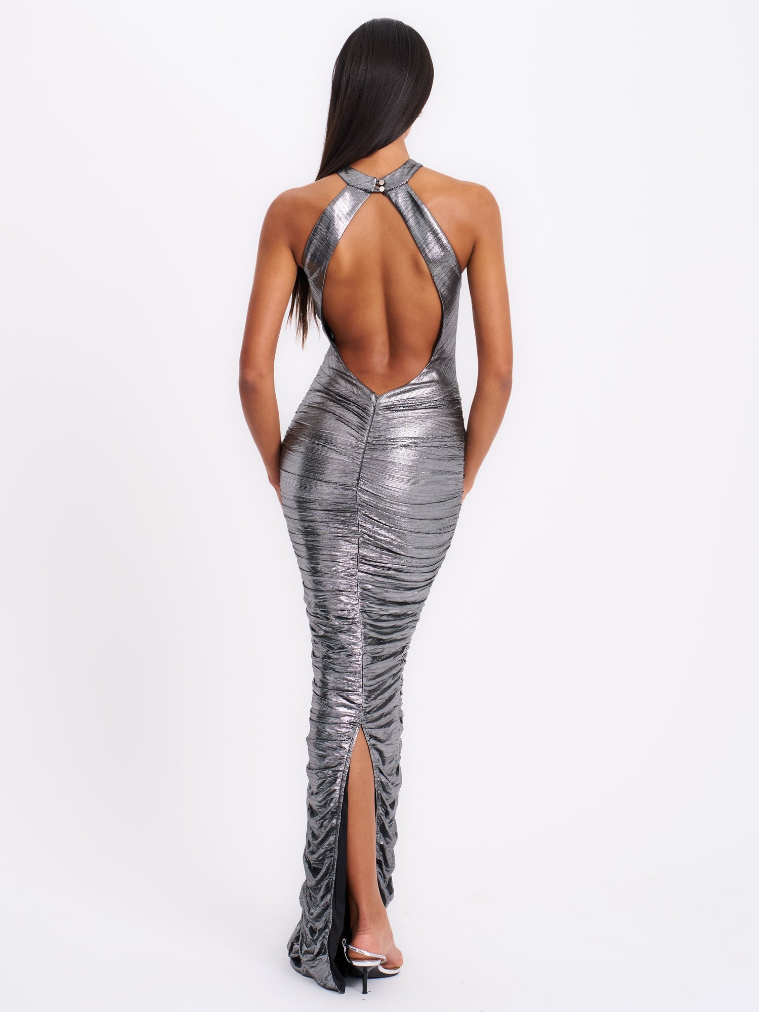 Abril Ruched Glitter Backless Gown | Silver