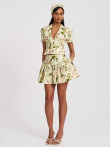 Zanelle Floral Print Drop Waist Linen Full Skirt | Green