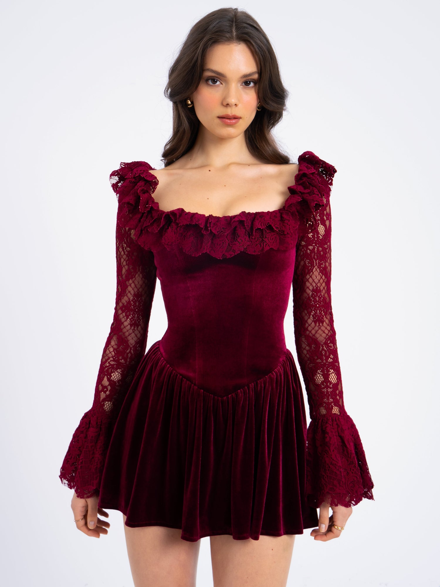 Yachira Velvet Lace Flare Sleeve Mini Dress | Burgundy