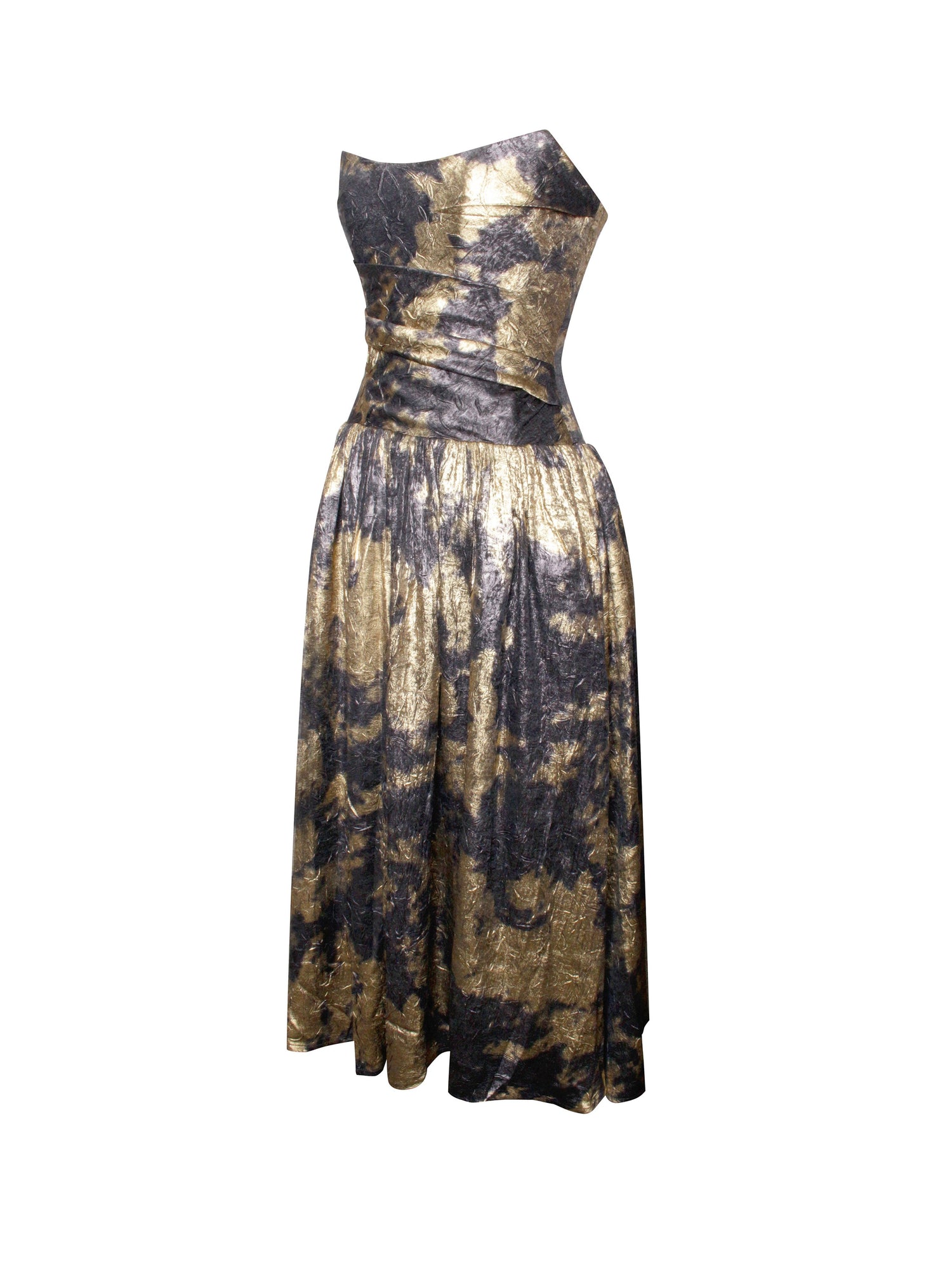 Saanvi Bronzing Strapless Drop Waist Midi Dress | Gold Tie Dye