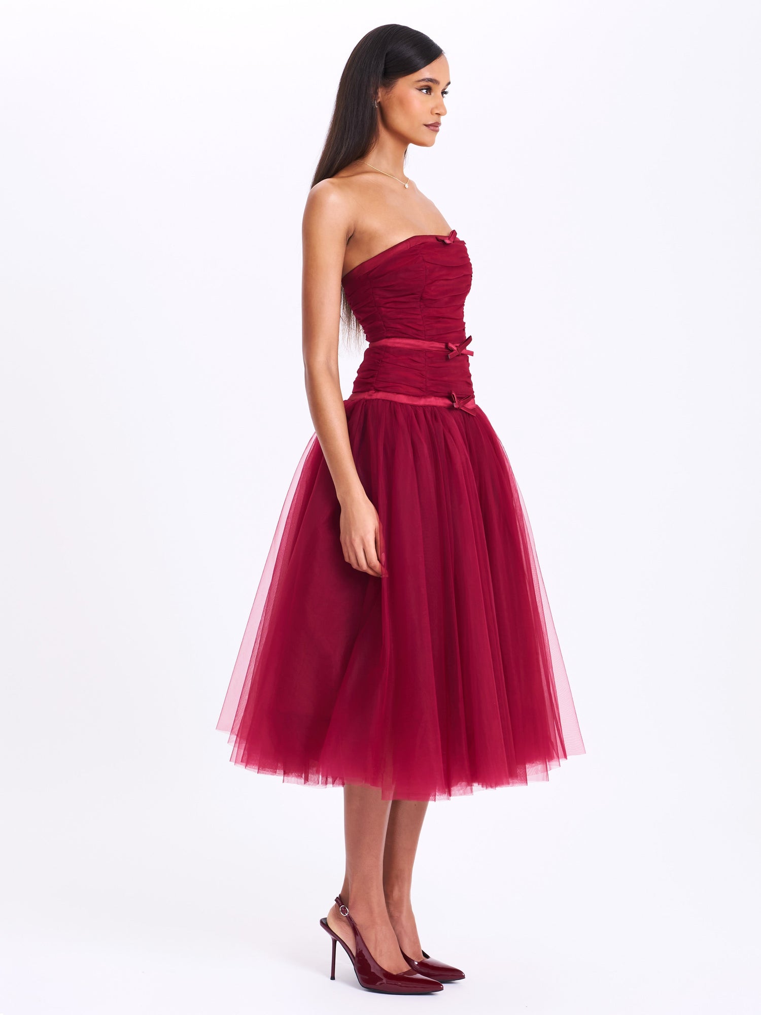 Mabel Drop Waist Layered Mesh Midi Puffy Dress with Bow | Burgundy