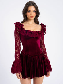 Yachira Velvet Lace Flare Sleeve Mini Dress | Burgundy