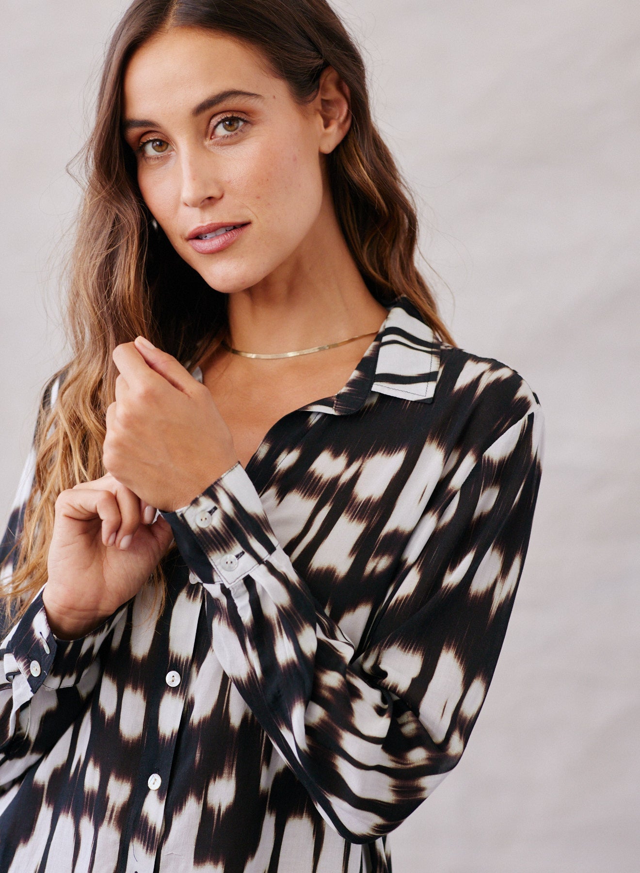 Classic Flowy Button Down - Blurred Ikat Print