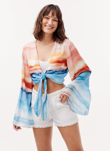 Tie Front Flare Sleeve Blouse |Horizon Sunset Print