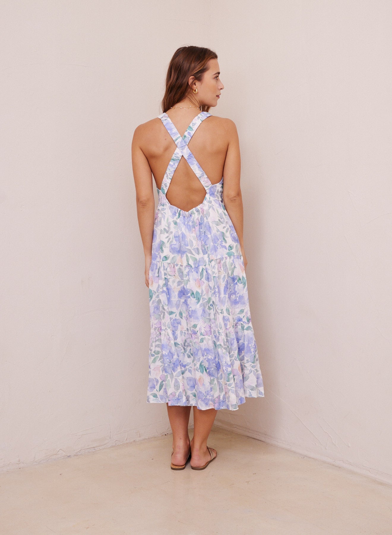 Scrunch Strap Tiered Midi Dress | Peri Jardin Print