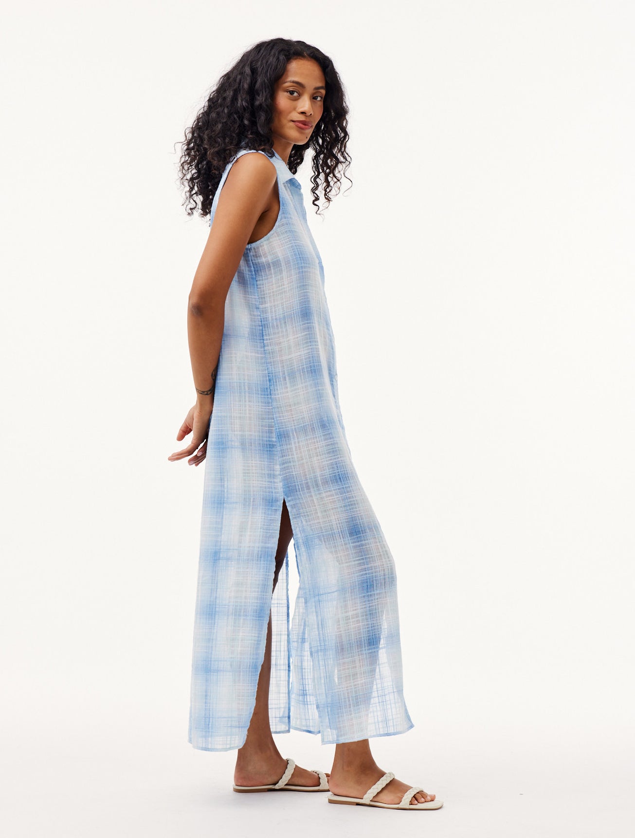 Sleeveless Duster Dress | Heather Blue Plaid