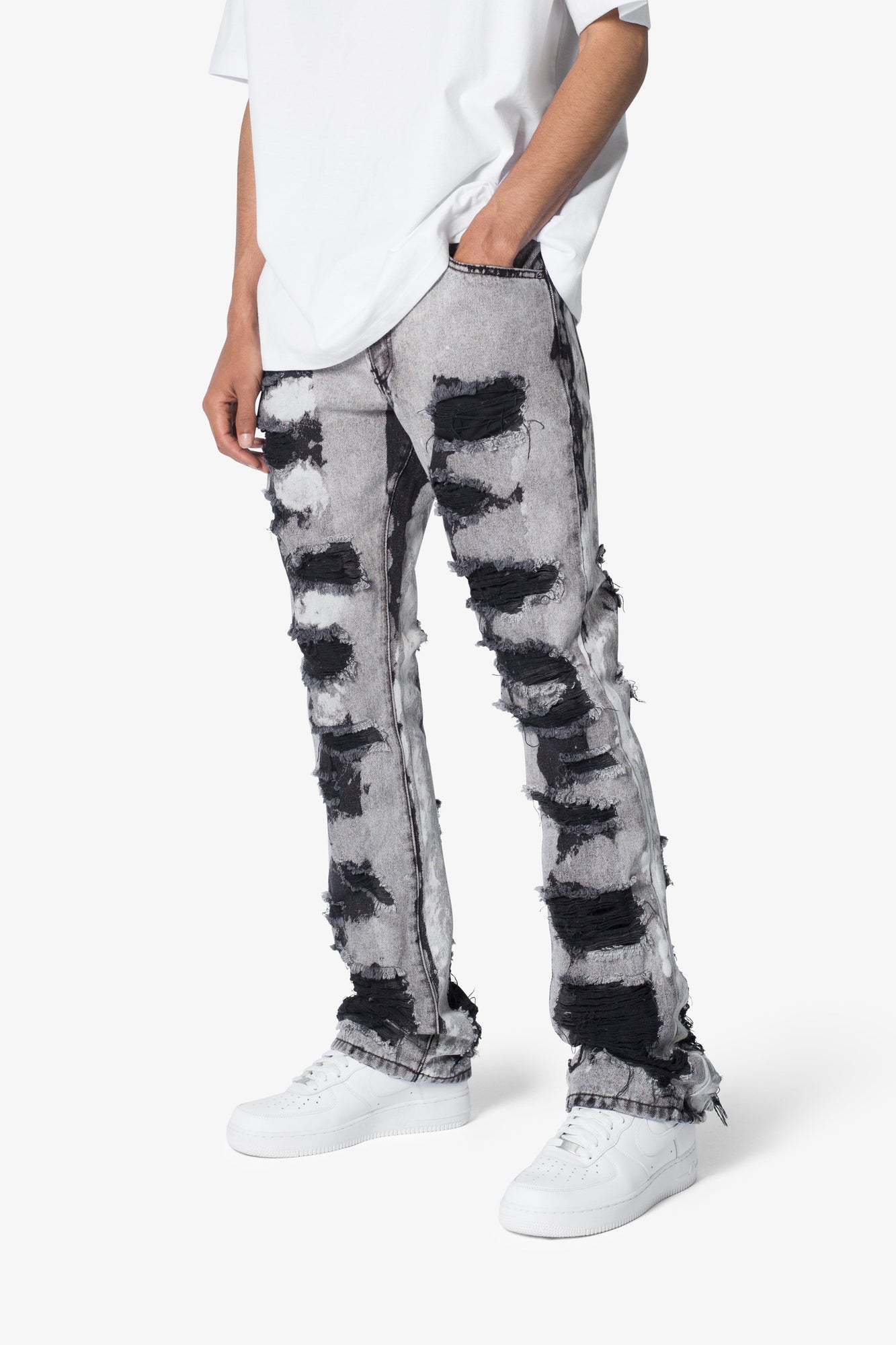 B668 Distressed Flare Denim | Light Grey