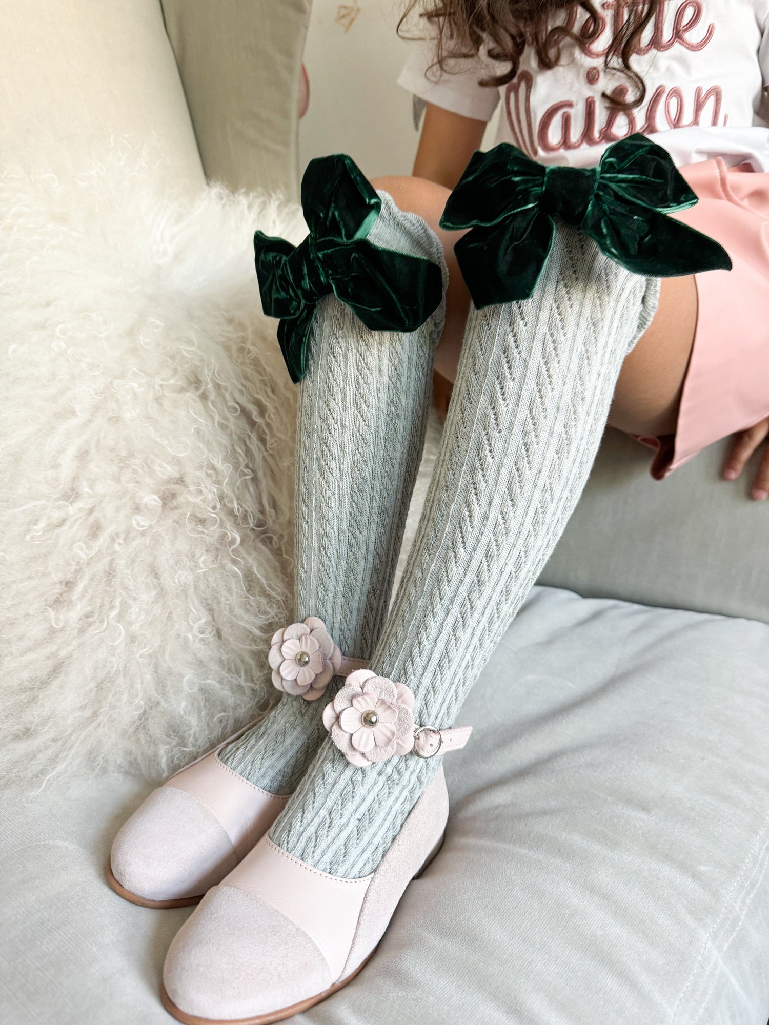 Grey Knee High Socks with Royal Green Velvet Bow | Green