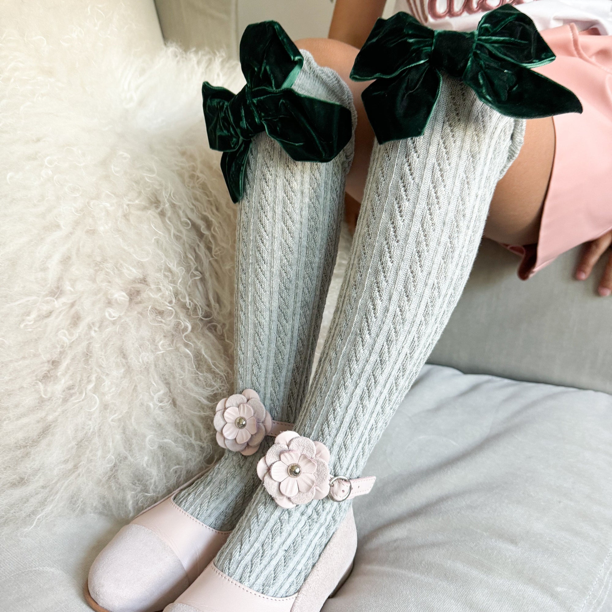 Grey Knee High Socks with Velvet Bows - Petite Maison Kids