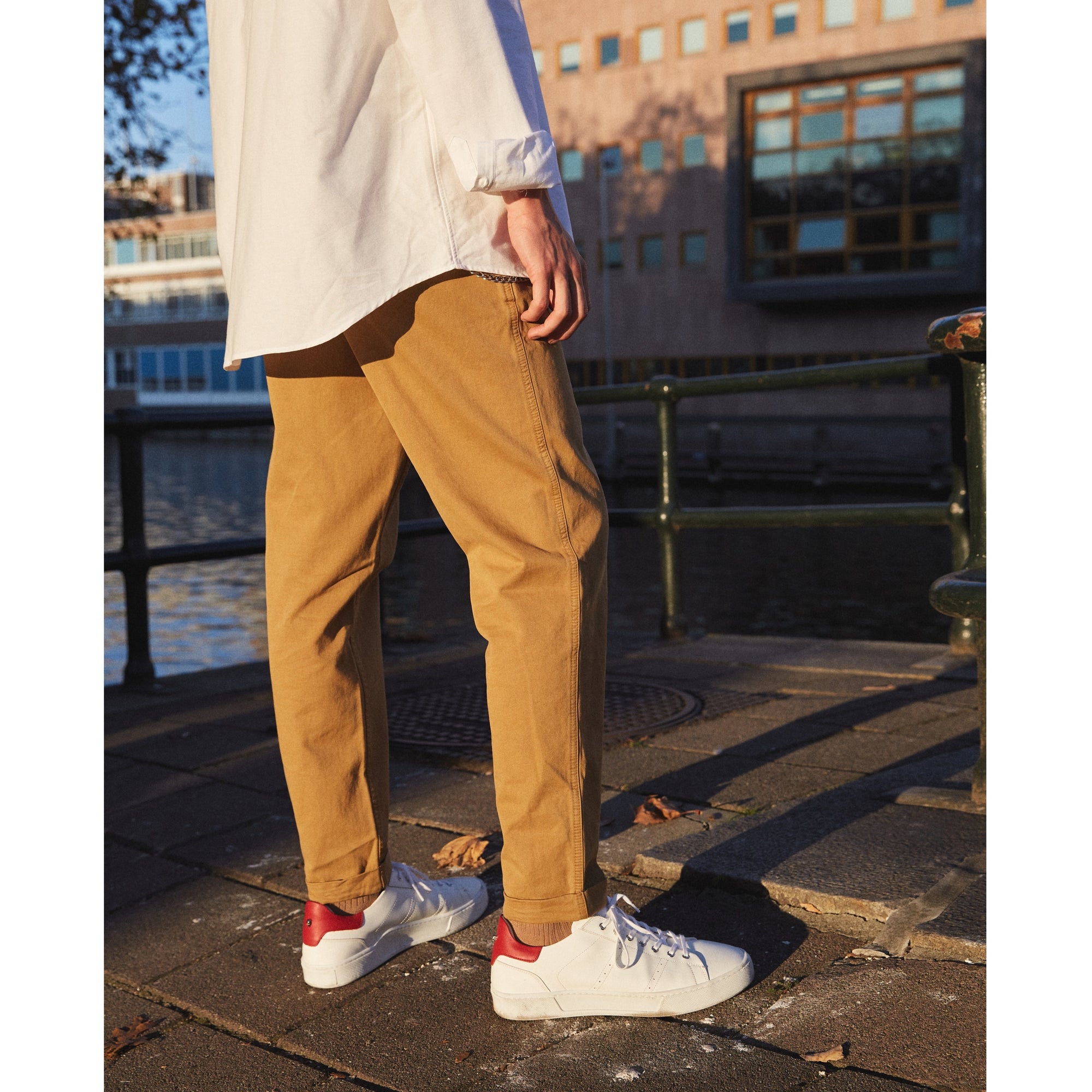 Beige Cotton Ripped Chinos | Men | Mustard