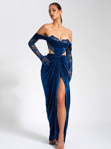 Quintessa Lace Velvet Corset Off Shoulder Gown | Teal