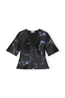 Blue 3D Jacquard V neck Blouse | Black