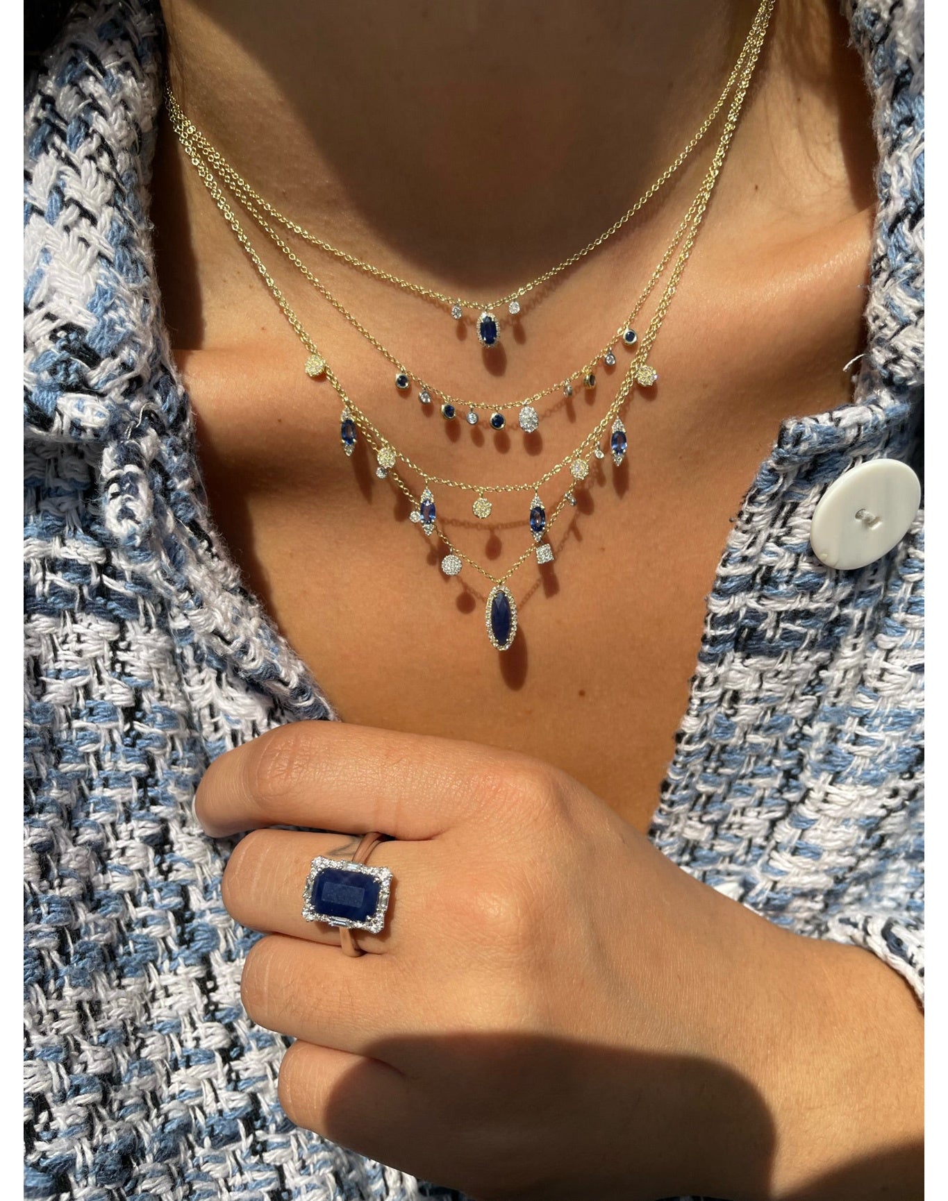 Blue Sapphire Charm Necklace | 14K Two Tone Gold