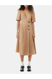 Brown Viscose Twill Wrap Midi Dress | Tiger's Eye