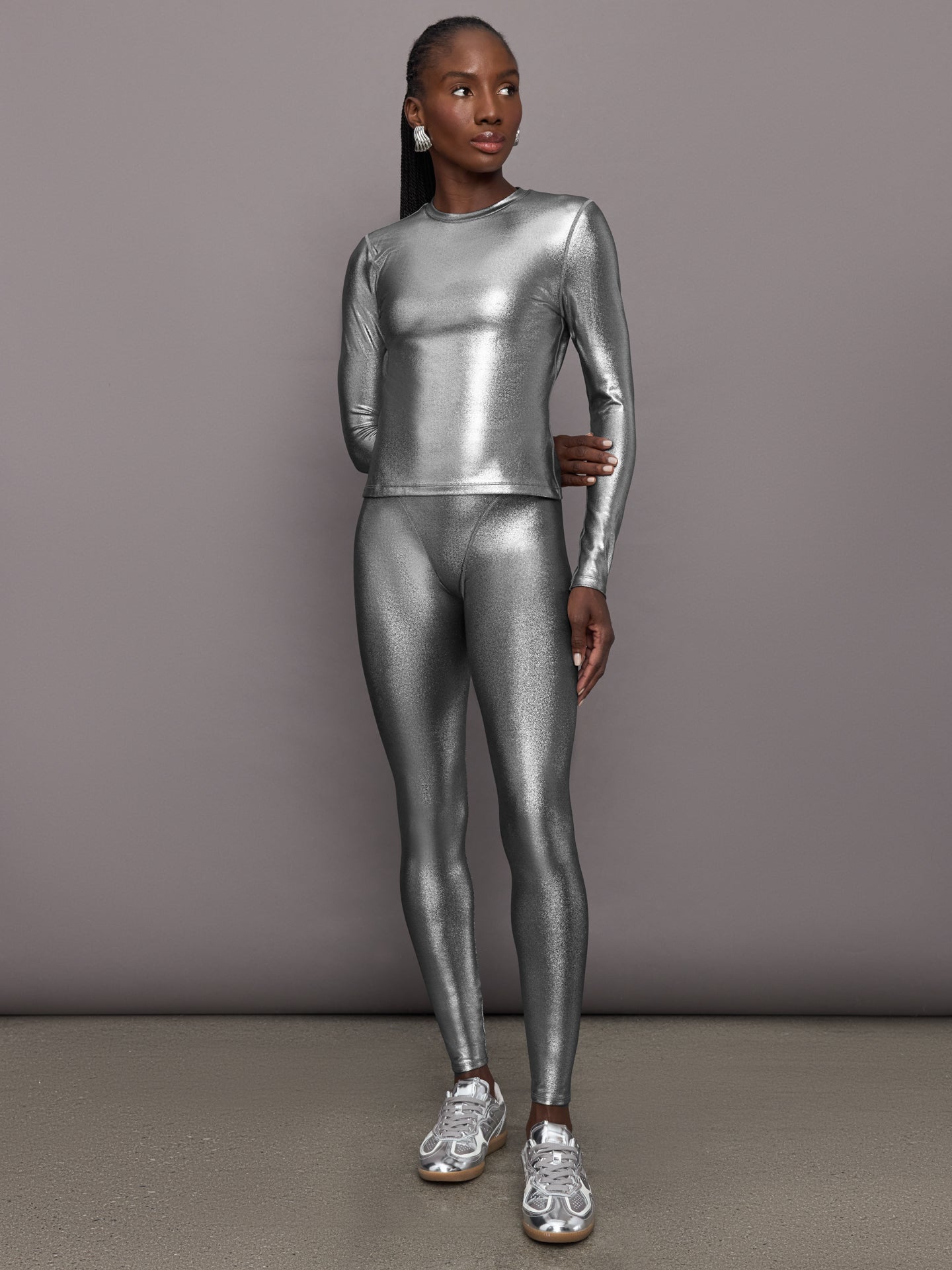 Liquid Metallic Long Sleeve Top | Metallic Silver