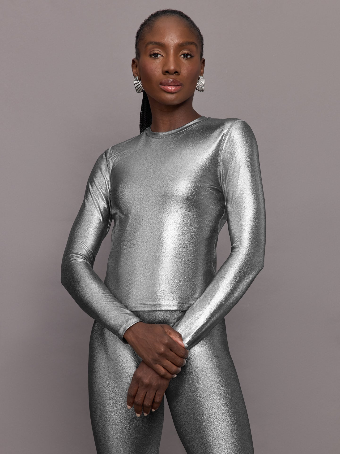 Liquid Metallic Long Sleeve Top | Metallic Silver