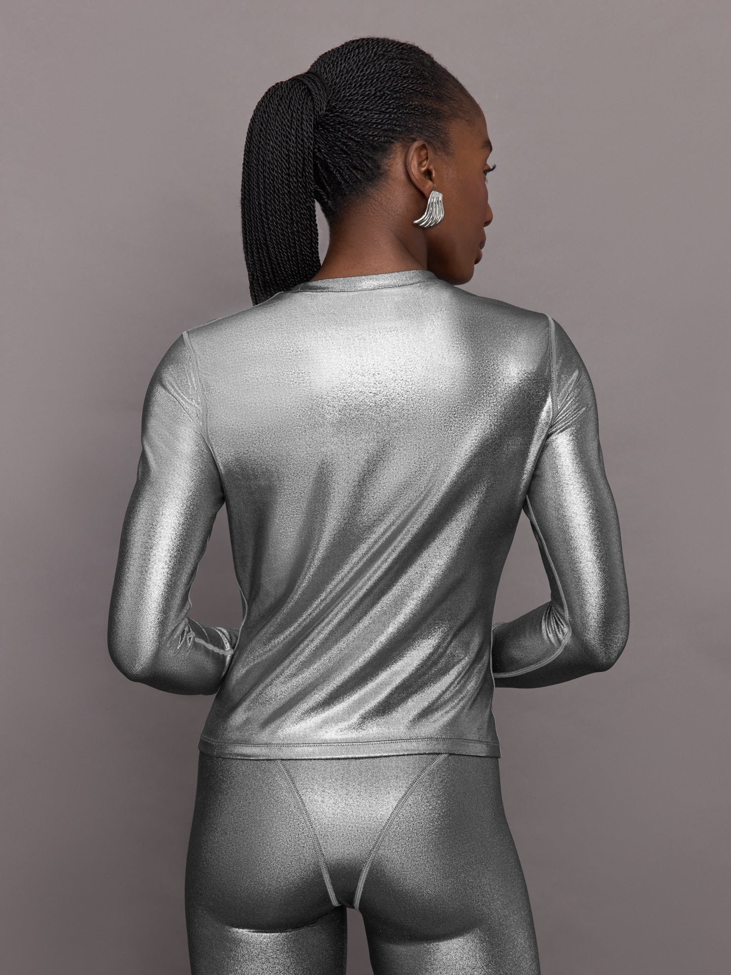 Liquid Metallic Long Sleeve Top | Metallic Silver