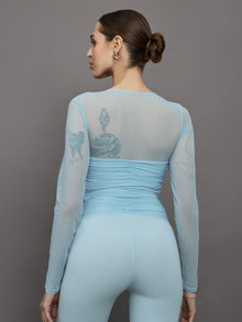 Ruched Mesh Long Sleeve Top in Melt | Sky Blue