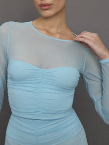 Ruched Mesh Long Sleeve Top in Melt | Sky Blue