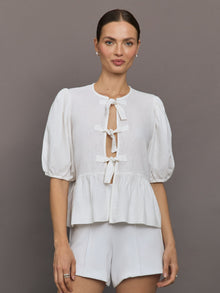 Linen Tie Puff Sleeve Top | White