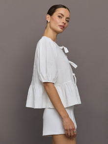Linen Tie Puff Sleeve Top | White