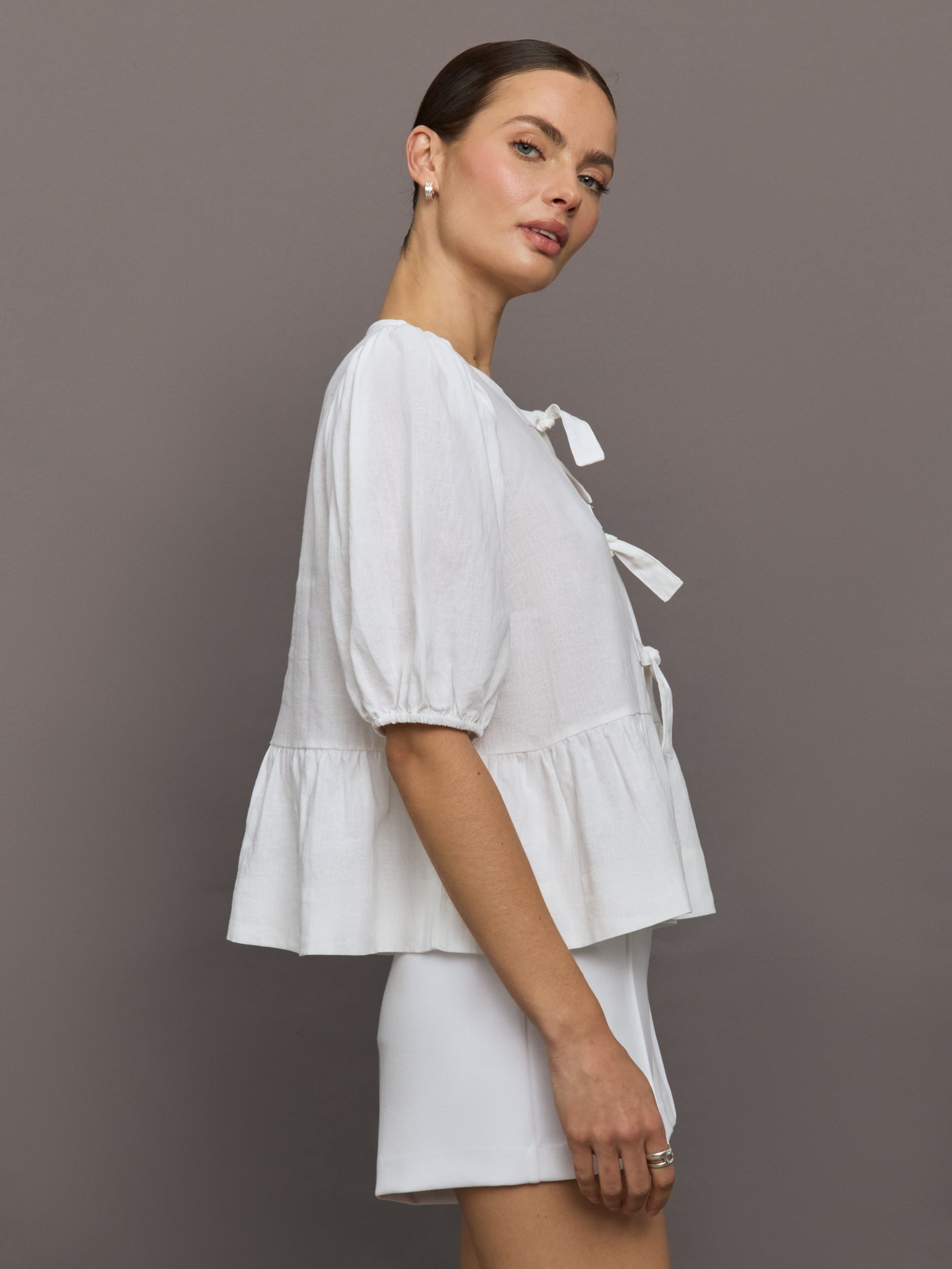 Linen Tie Puff Sleeve Top | White
