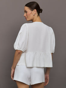 Linen Tie Puff Sleeve Top | White