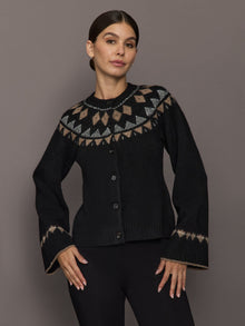 Fairisle Bell Sleeve Sweater Cardigan | Black/Taupe/Cream