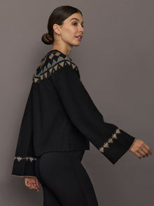 Fairisle Bell Sleeve Sweater Cardigan | Black/Taupe/Cream