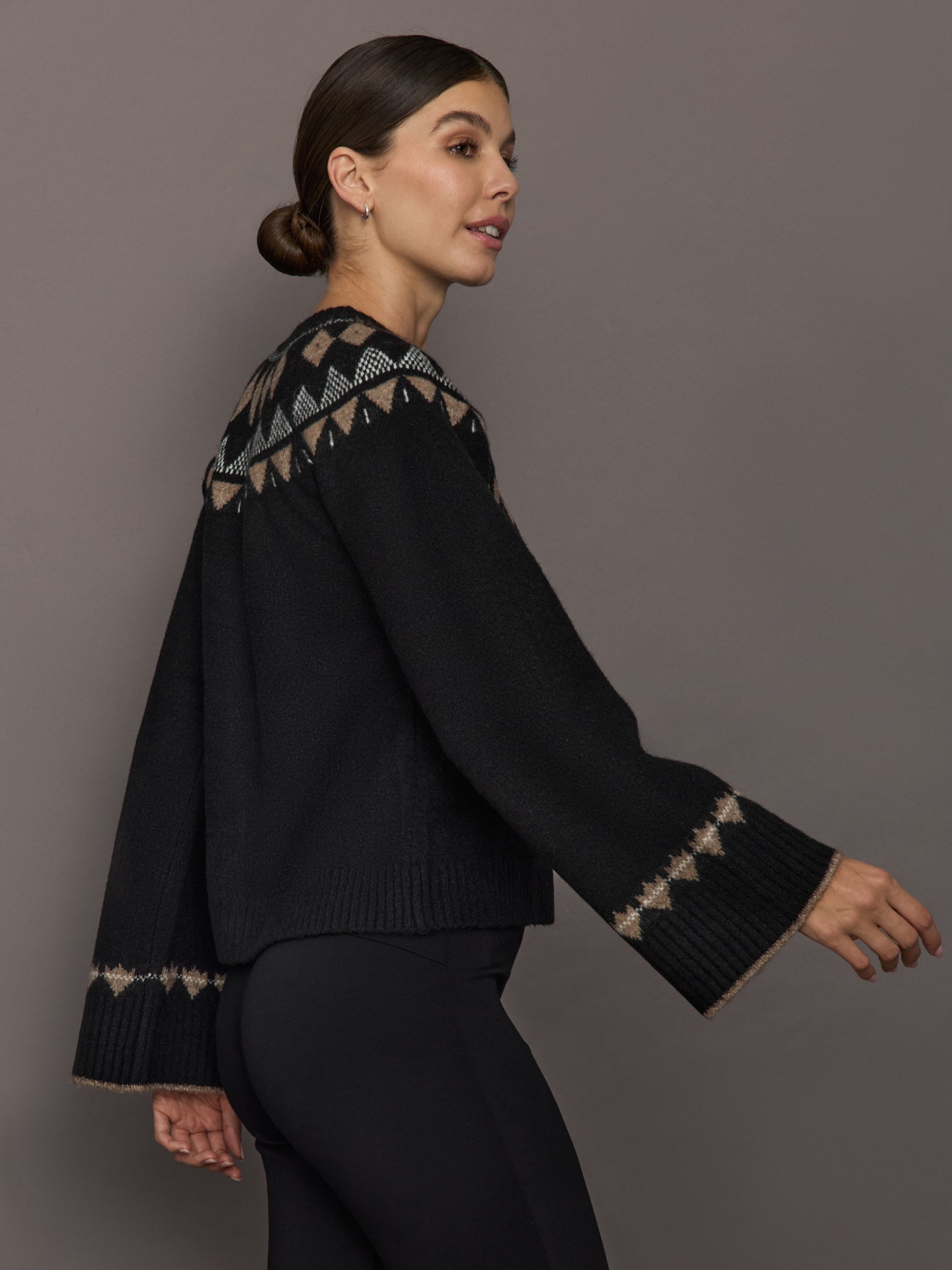 Fairisle Bell Sleeve Sweater Cardigan | Black/Taupe/Cream