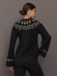 Fairisle Bell Sleeve Sweater Cardigan | Black/Taupe/Cream