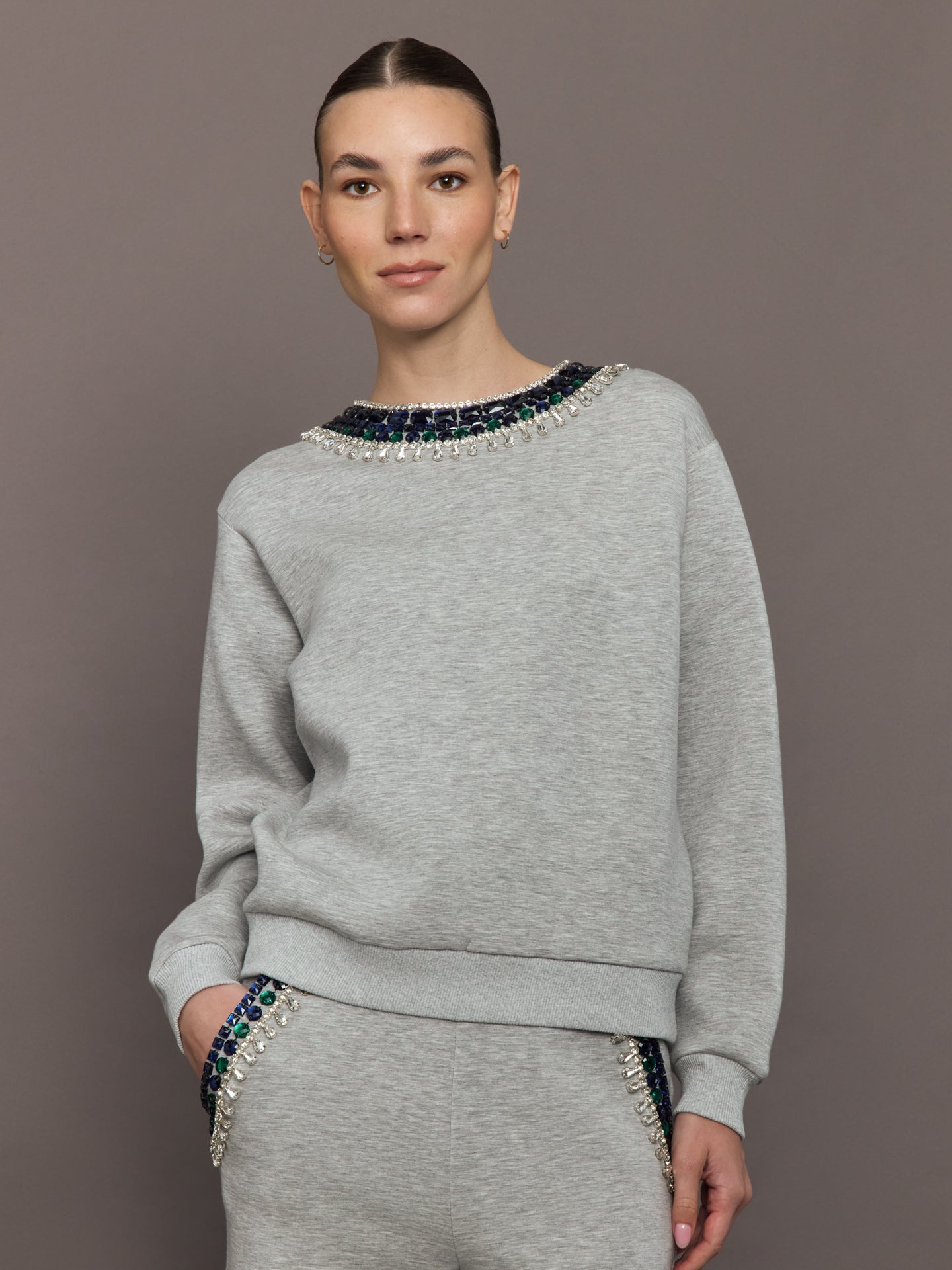 Jewel Embellished Sweatshirt in Scuba | Heather Grey