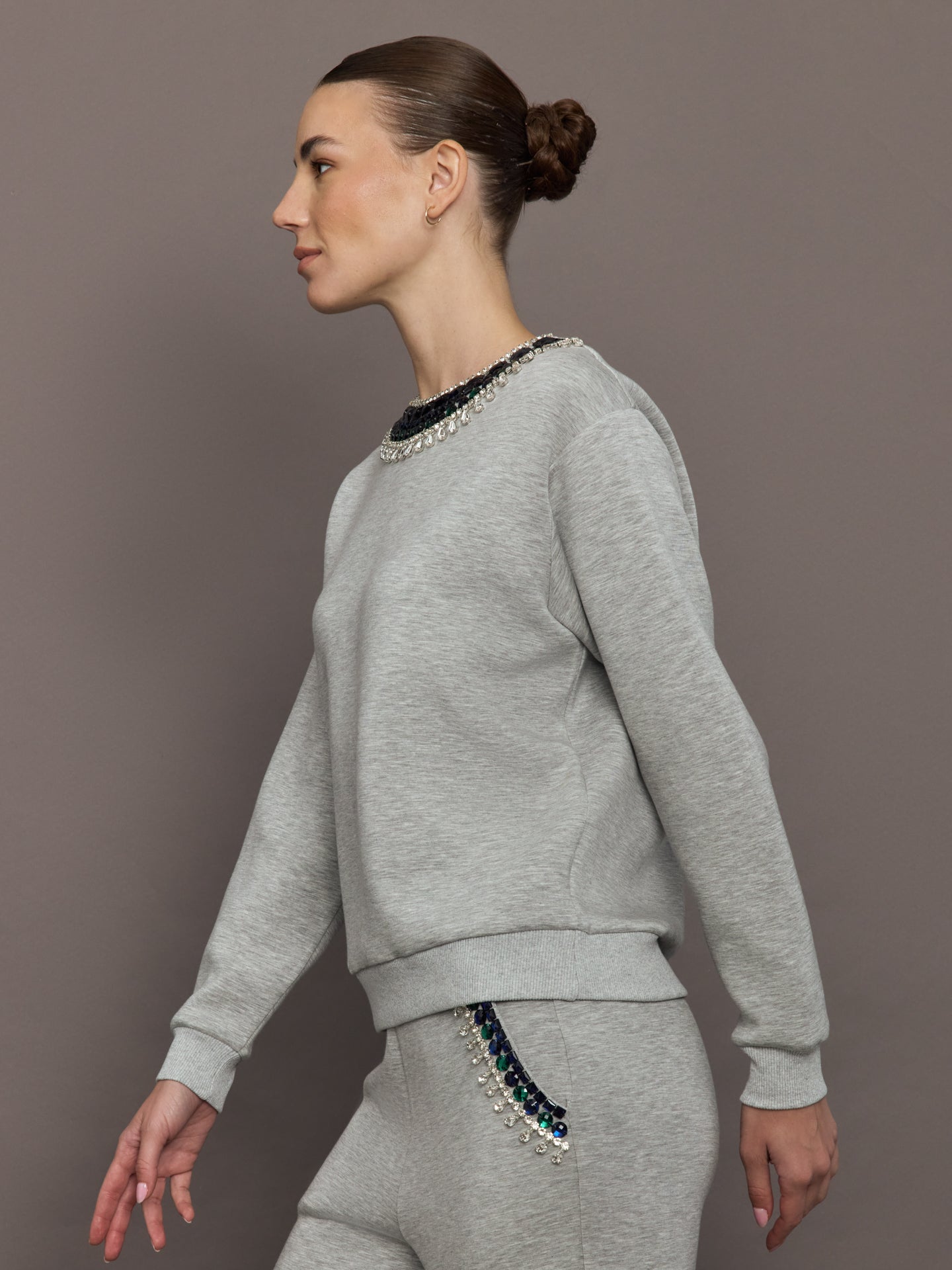Jewel Embellished Sweatshirt in Scuba | Heather Grey