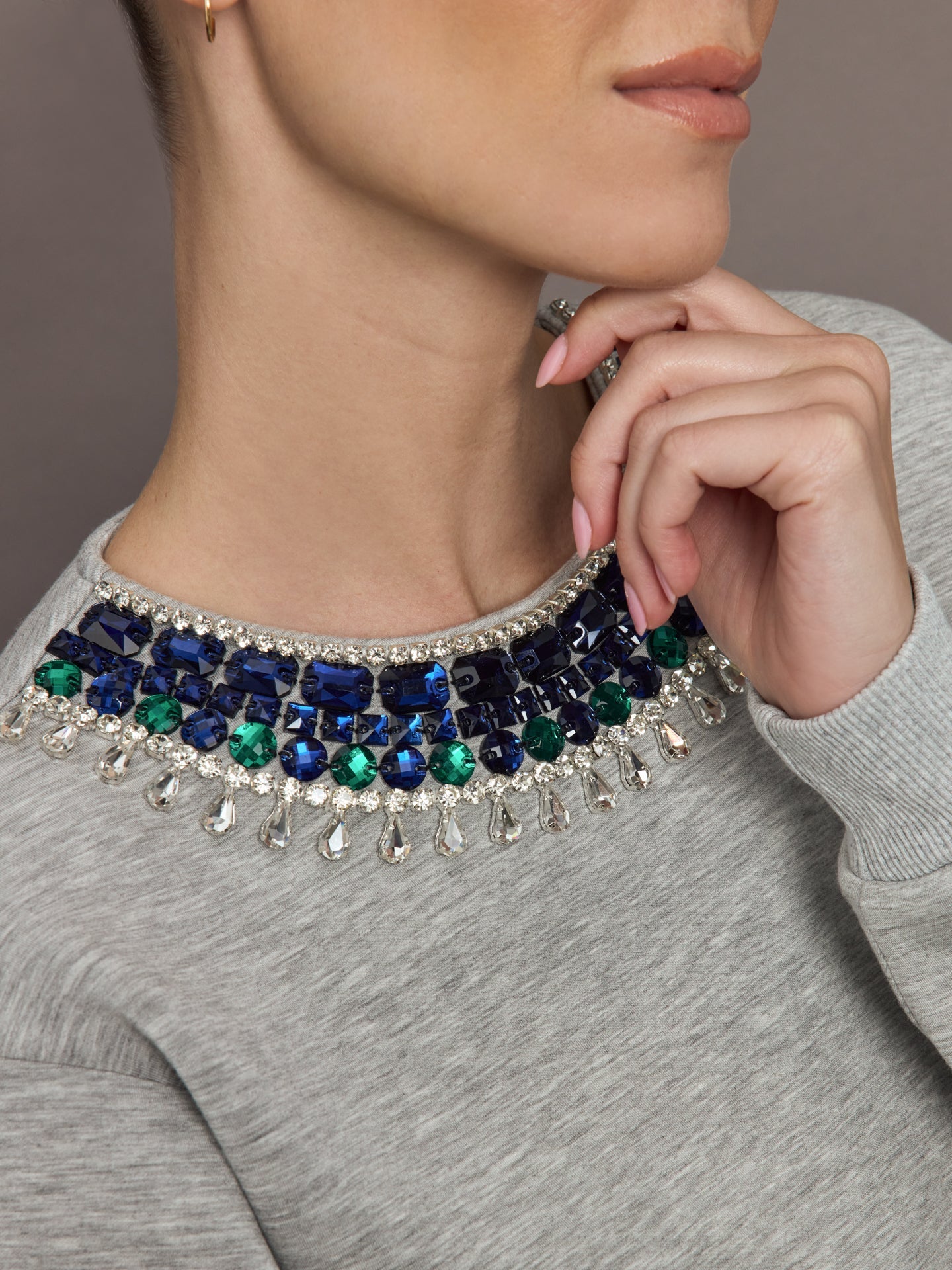 Jewel Embellished Sweatshirt in Scuba | Heather Grey