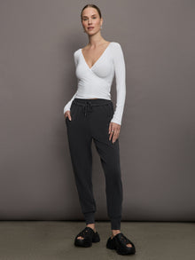 Long Sleeve Wrap Top in Ribbed Jersey | White