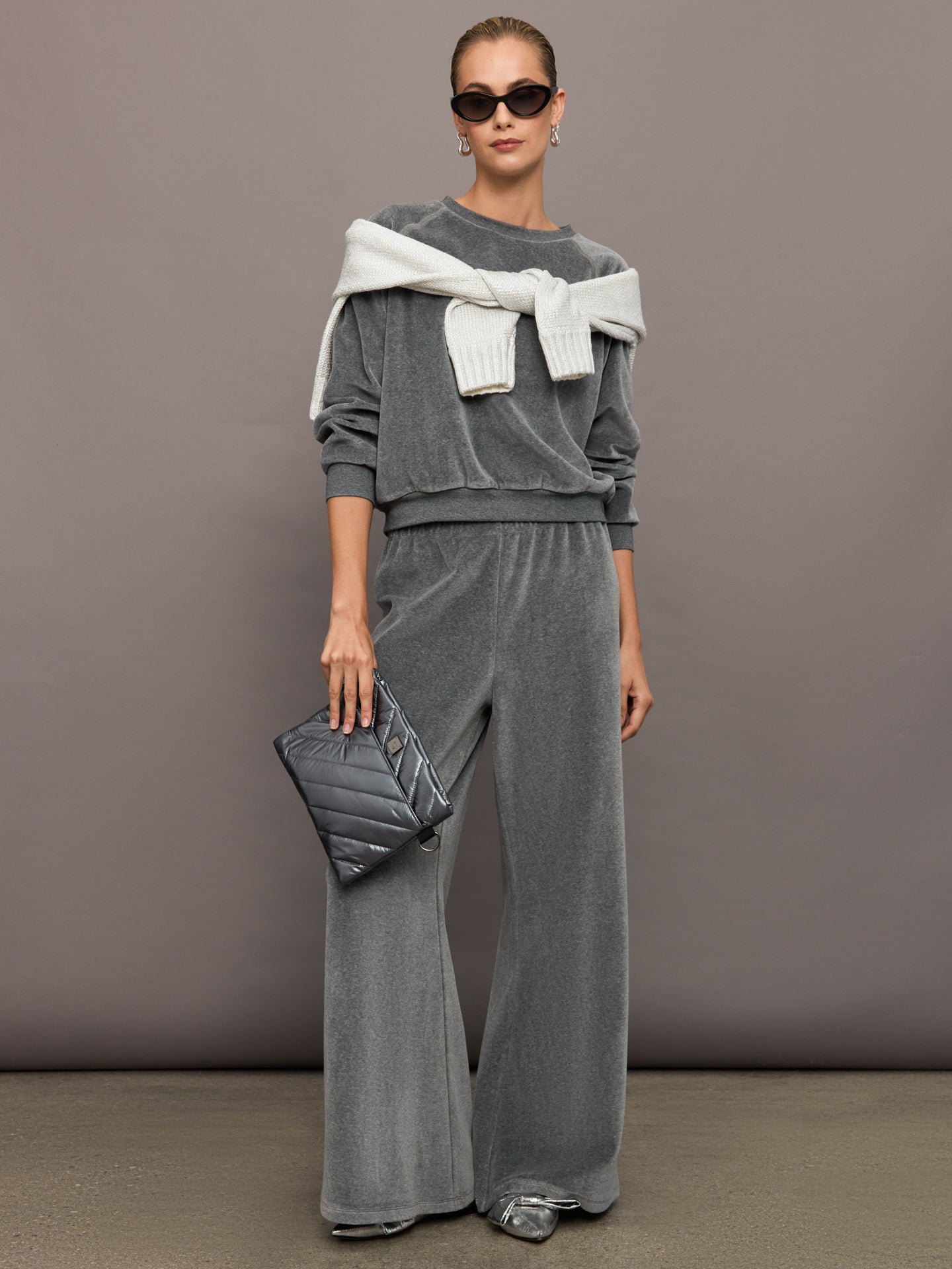 Wide Leg Pant in Velour | Charcoal Grey