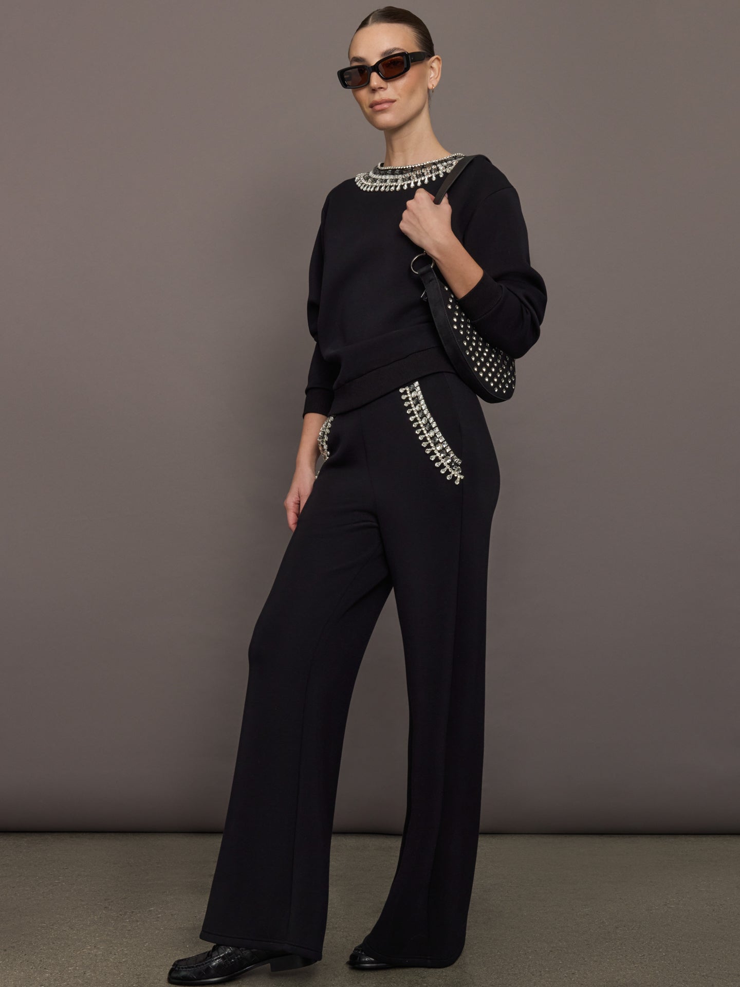 Jewel Embellished Wide Leg Pant in Scuba | Black