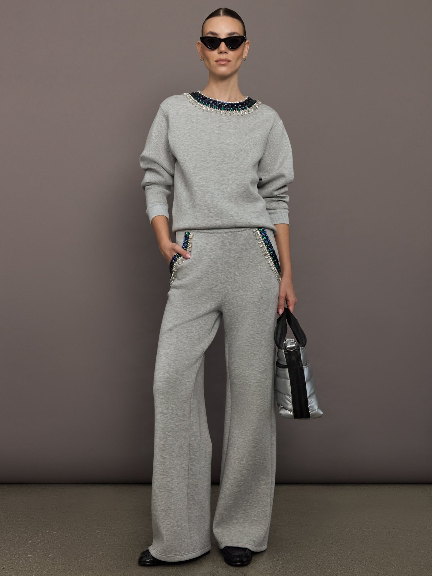 Jewel Embellished Wide Leg Pant in Scuba | Heather Grey