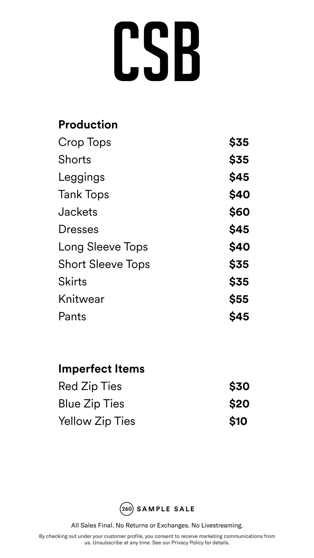 Price table