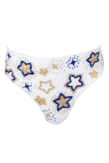 Celeste Hand - Beaded Embellished High - Waisted Bikini Bottom - White - Self - Adore