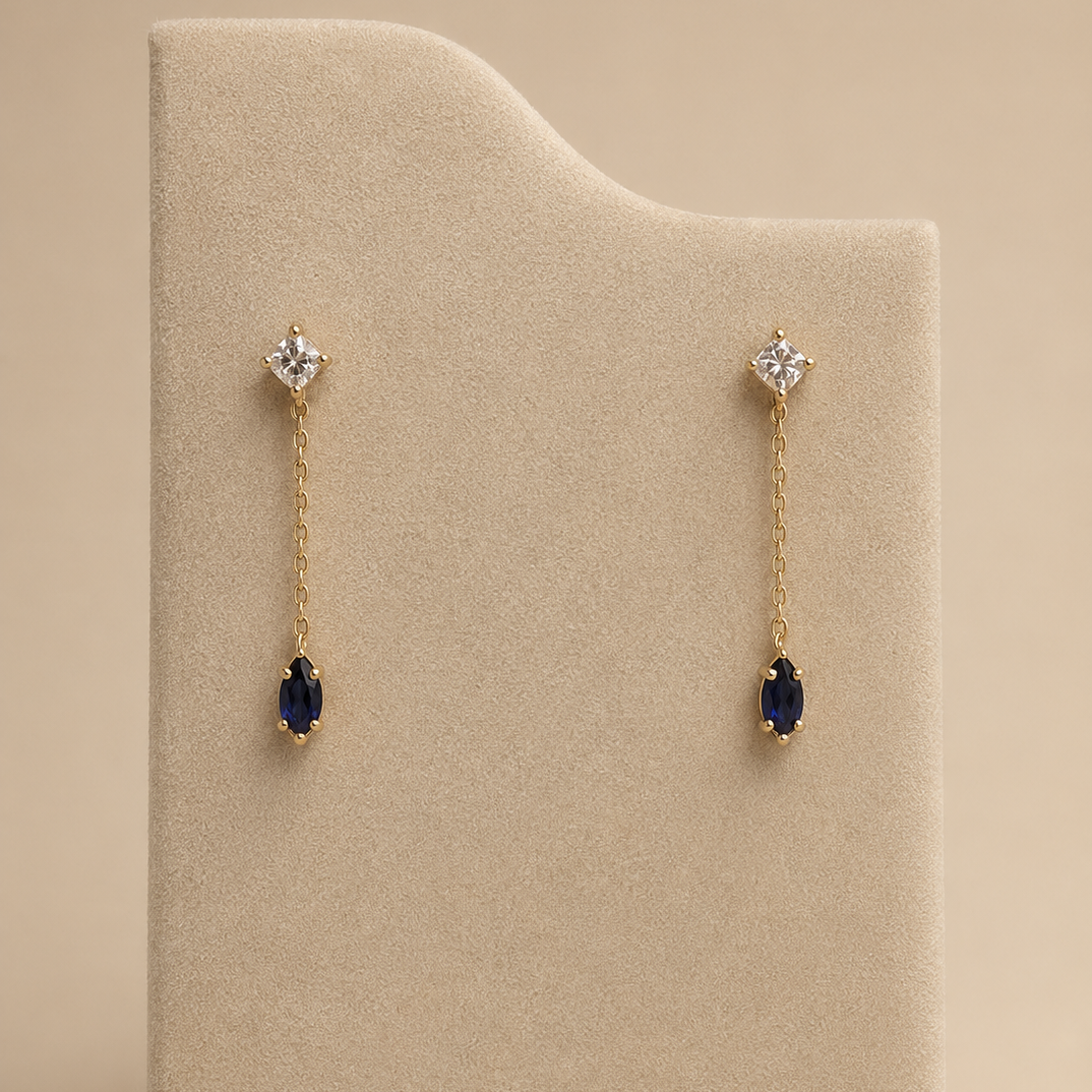Drop Earring | 10K Yellow Gold | White Diamond/Blue Sapphire